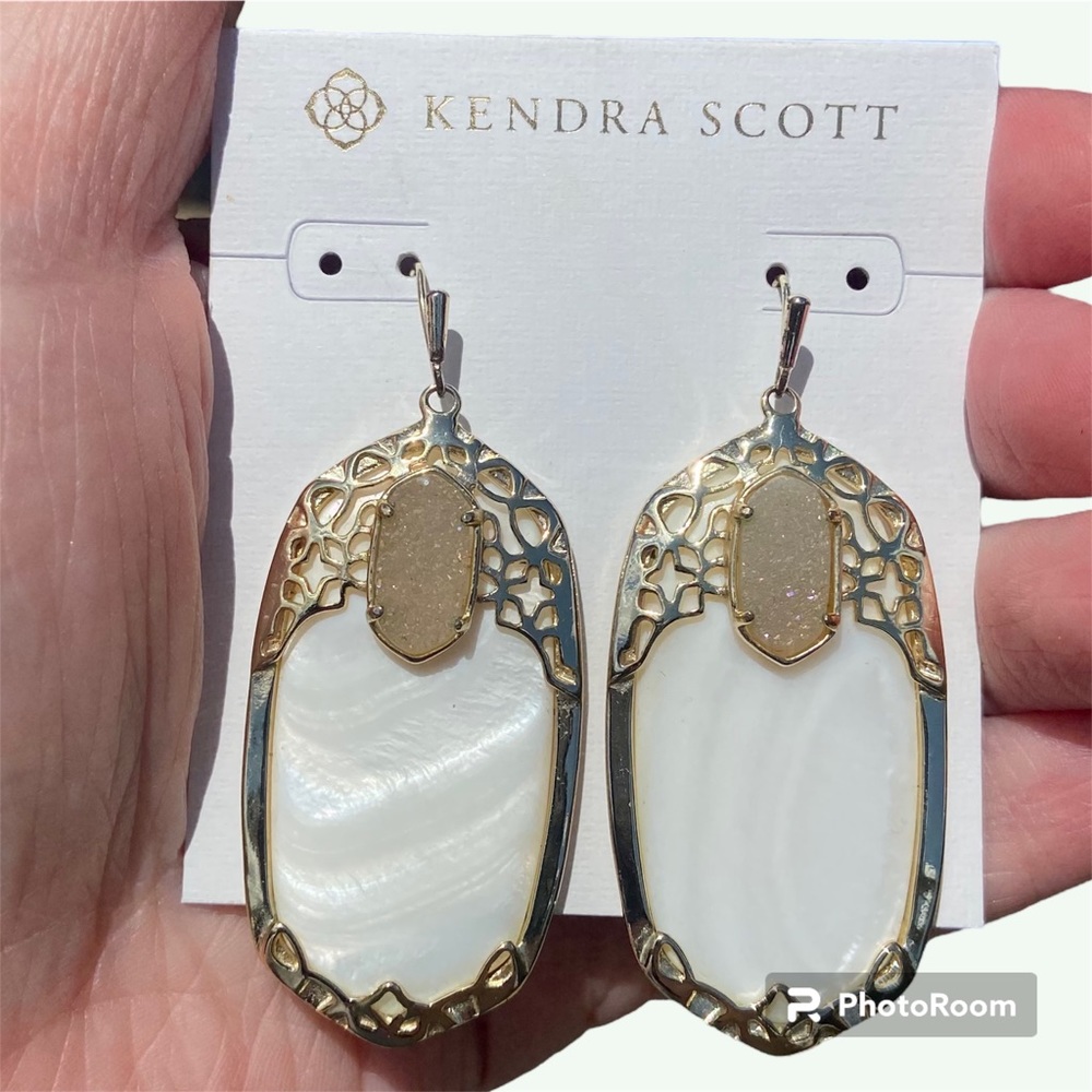 GUC Kendra Scott Deva White Pearl Iridescent Druzy Earrings
